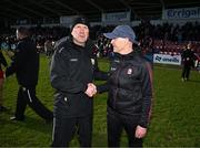2 February 2025; Kerry manager Jack O'Connor and Derry manager Paddy Tally after the Allianz Football League Division 1 match between Derry and Kerry at Celtic Park in Derry. Photo by Stephen McCarthy/Sportsfile