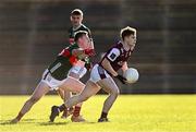 2 February 2025; Johnny McGrath of Galway in action against Ryan O'Donoghue of Mayo during the Allianz Football League Division 1 match between Mayo and Galway at Hastings Insurance MacHale Park in Castlebar, Mayo. Photo by Piaras Ó Mídheach/Sportsfile