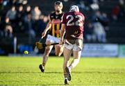 2 February 2025; Declan McLoughlin of Galway shoots to score his side's second goal during the Allianz Hurling League Division 1A match between Kilkenny and Galway at UPMC Nowlan Park in Kilkenny. Photo by David Fitzgerald/Sportsfile