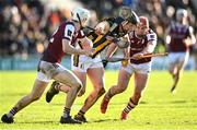 2 February 2025; Padraic Moylan of Kilkenny in action against Declan McLoughlin, left, and Conor Whelan of Galway during the Allianz Hurling League Division 1A match between Kilkenny and Galway at UPMC Nowlan Park in Kilkenny. Photo by David Fitzgerald/Sportsfile