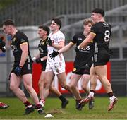 2 February 2025; Daniel Guinness of Down, right, celebrates at the final whistle of the Allianz Football League Division 2 match between Down and Cork at Páirc Esler in Newry, Down. Photo by Ramsey Cardy/Sportsfile