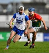 2 February 2025; Padraig Fitzgerald of Waterford in action against Ciaran Whelan of Carlow during the Allianz Hurling League Division 1B match between Carlow and Waterford at Netwatch Cullen Park in Carlow. Photo by Stephen Marken/Sportsfile