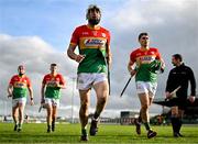 2 February 2025; Martin Kavanagh of Carlow, centre, leaves the field at half time in the Allianz Hurling League Division 1B match between Carlow and Waterford at Netwatch Cullen Park in Carlow. Photo by Stephen Marken/Sportsfile