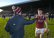 2 February 2025; TJ Brennan of Galway celebrates with manager Micheál Donoghue after the Allianz Hurling League Division 1A match between Kilkenny and Galway at UPMC Nowlan Park in Kilkenny. Photo by David Fitzgerald/Sportsfile