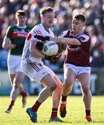 2 February 2025; Mayo goalkeeper Colm Reape, on the attack in the Galway half of the pitch, is dispossessed by Dylan McHugh of Galway during the Allianz Football League Division 1 match between Mayo and Galway at Hastings Insurance MacHale Park in Castlebar, Mayo. Photo by Piaras Ó Mídheach/Sportsfile