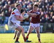 2 February 2025; Mayo goalkeeper Colm Reape, on the attack in the Galway half of the pitch, is dispossessed by Dylan McHugh of Galway during the Allianz Football League Division 1 match between Mayo and Galway at Hastings Insurance MacHale Park in Castlebar, Mayo. Photo by Piaras Ó Mídheach/Sportsfile