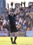 2 February 2025; Referee Noel Mooney signals for a two-point score after a shot from outside the arc by Paul Towey of Mayo during the Allianz Football League Division 1 match between Mayo and Galway at Hastings Insurance MacHale Park in Castlebar, Mayo. Photo by Piaras Ó Mídheach/Sportsfile