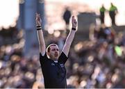 2 February 2025; Referee Noel Mooney signals for a two-point score after a shot from outside the arc by Paul Towey of Mayo during the Allianz Football League Division 1 match between Mayo and Galway at Hastings Insurance MacHale Park in Castlebar, Mayo. Photo by Piaras Ó Mídheach/Sportsfile
