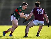2 February 2025; Fergal Boland of Mayo in action against Liam Silke of Galway during the Allianz Football League Division 1 match between Mayo and Galway at Hastings Insurance MacHale Park in Castlebar, Mayo. Photo by Piaras Ó Mídheach/Sportsfile