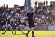 2 February 2025; Referee Noel Mooney signals for a two-point score after a shot from outside the arc by Paul Towey of Mayo during the Allianz Football League Division 1 match between Mayo and Galway at Hastings Insurance MacHale Park in Castlebar, Mayo. Photo by Piaras Ó Mídheach/Sportsfile