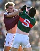 2 February 2025; Sam O'Neill of Galway and Stephen Coen of Mayo tussle off the ball, before both were shown the yellow card by referee Noel Mooney, during the Allianz Football League Division 1 match between Mayo and Galway at Hastings Insurance MacHale Park in Castlebar, Mayo. Photo by Piaras Ó Mídheach/Sportsfile