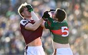 2 February 2025; Sam O'Neill of Galway and Stephen Coen of Mayo tussle off the ball, before both were shown the yellow card by referee Noel Mooney, during the Allianz Football League Division 1 match between Mayo and Galway at Hastings Insurance MacHale Park in Castlebar, Mayo. Photo by Piaras Ó Mídheach/Sportsfile
