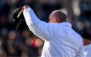 2 February 2025; Umpire Martin Sheridan uses his hat to shield his eyes from the sun, as he watches as a free is taken towards his goals, during the Allianz Football League Division 1 match between Mayo and Galway at Hastings Insurance MacHale Park in Castlebar, Mayo. Photo by Piaras Ó Mídheach/Sportsfile