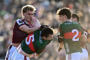 2 February 2025; Sam O'Neill of Galway and Stephen Coen of Mayo tussle off the ball, before both were shown the yellow card by referee Noel Mooney, during the Allianz Football League Division 1 match between Mayo and Galway at Hastings Insurance MacHale Park in Castlebar, Mayo. Photo by Piaras Ó Mídheach/Sportsfile