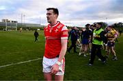 2 February 2025; Tommy Durnin of Louth reacts after his side's defeat in the Allianz Football League Division 2 match between Louth and Roscommon at Integral GAA Grounds in Drogheda, Louth. Photo by Ben McShane/Sportsfile