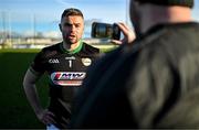 2 February 2025; Carlow goalkeeper Brian Tracey is interviewed by Kevin Regan of The Left Wingback Podcast after his side's victory in the Allianz Hurling League Division 1B match between Carlow and Waterford at Netwatch Cullen Park in Carlow. Photo by Stephen Marken/Sportsfile