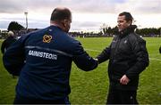 2 February 2025; Louth manager Ger Brennan, right, and Roscommon manager Davy Burke shake hands after the Allianz Football League Division 2 match between Louth and Roscommon at Integral GAA Grounds in Drogheda, Louth. Photo by Ben McShane/Sportsfile