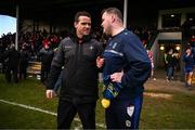 2 February 2025; Louth manager Ger Brennan, left, and Roscommon manager Davy Burke shake hands after the Allianz Football League Division 2 match between Louth and Roscommon at Integral GAA Grounds in Drogheda, Louth. Photo by Ben McShane/Sportsfile