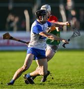 2 February 2025; Jamie Barron of Waterford in action against Martin Kavanagh of Carlow during the Allianz Hurling League Division 1B match between Carlow and Waterford at Netwatch Cullen Park in Carlow. Photo by Stephen Marken/Sportsfile