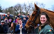 2 February 2025; Groom Rachel Robins leads State Man around the parade ring after they won The Irish Champion Hurdle during day two of the Dublin Racing Festival at Leopardstown Racecourse in Dublin. Photo by Shauna Clinton/Sportsfile