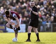 2 February 2025; Referee Noel Mooney shares a joke with Cillian Ó Curraoin of Galway during the Allianz Football League Division 1 match between Mayo and Galway at Hastings Insurance MacHale Park in Castlebar, Mayo. Photo by Piaras Ó Mídheach/Sportsfile