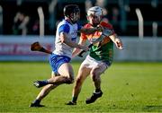 2 February 2025; Jamie Barron of Waterford in action against Martin Kavanagh of Carlow during the Allianz Hurling League Division 1B match between Carlow and Waterford at Netwatch Cullen Park in Carlow. Photo by Stephen Marken/Sportsfile