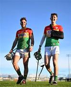2 February 2025; Chris Nolan, left, and Tony Lawlor of Carlow after their side's victory in the Allianz Hurling League Division 1B match between Carlow and Waterford at Netwatch Cullen Park in Carlow. Photo by Stephen Marken/Sportsfile