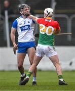 2 February 2025; Mark Fitzgerald of Waterford and Chris Nolan of Carlow tussle during the Allianz Hurling League Division 1B match between Carlow and Waterford at Netwatch Cullen Park in Carlow. Photo by Stephen Marken/Sportsfile