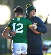 2 February 2025; Meath manager Robbie Brennan embraces Jack Kinlough during the Allianz Football League Division 2 match between Meath and Cavan at Páirc Tailteann in Navan, Meath. Photo by Tyler Miller/Sportsfile