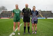 3 February 2025; Referee Kevin Phelan with Mayo captain Danielle Caldwell and Meath captain Aoibhín Cleary before the 2025 Lidl Ladies National Football League Division 1 match between Meath and Mayo at Páirc Tailteann in Navan, Meath. Photo by David Fitzgerald/Sportsfile