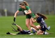 3 February 2025; Aoibhín Cleary of Meath in action against Ciara Durkin, right, and Lucy Wallace of Mayo during the 2025 Lidl Ladies National Football League Division 1 match between Meath and Mayo at Páirc Tailteann in Navan, Meath. Photo by David Fitzgerald/Sportsfile