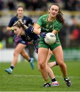 3 February 2025; Kerrie Cole of Meath in action against Danielle Caldwell of Mayo during the 2025 Lidl Ladies National Football League Division 1 match between Meath and Mayo at Páirc Tailteann in Navan, Meath. Photo by David Fitzgerald/Sportsfile