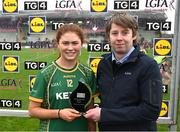 3 February 2025; Ciara Smyth of Meath receives the Player of the Match award from Conor Smith, Deputy Store Manager, Lidl Navan, following the 2025 Lidl Ladies National Football League Division 1 match between Meath and Mayo at Páirc Tailteann in Navan, Meath. Photo by David Fitzgerald/Sportsfile