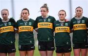 3 February 2025; Kerry players, from left, Caoimhe Evans, Aishling O'Connell, Anna Galvin, Katie Brosnan and Róisín Smith stand for the playing of Amhrán na bhFiann before the 2025 Lidl Ladies National Football League Division 1 match between Waterford and Kerry at SETU Waterford in Carriganore, Waterford. Photo by Piaras Ó Mídheach/Sportsfile