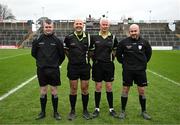 3 February 2025; Referee Kevin Phelan with match officials before the 2025 Lidl Ladies National Football League Division 1 match between Meath and Mayo at Páirc Tailteann in Navan, Meath. Photo by David Fitzgerald/Sportsfile