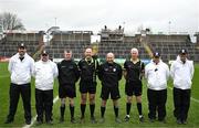 3 February 2025; Referee Kevin Phelan with match officials before the 2025 Lidl Ladies National Football League Division 1 match between Meath and Mayo at Páirc Tailteann in Navan, Meath. Photo by David Fitzgerald/Sportsfile
