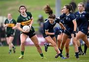 3 February 2025; Rachel Dwyer of Kerry gets away from Katie Murray, left, and Cora Murray, 3, of Waterford during the 2025 Lidl Ladies National Football League Division 1 match between Waterford and Kerry at SETU Waterford in Carriganore, Waterford. Photo by Piaras Ó Mídheach/Sportsfile