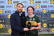 3 February 2025; Mary O'Connell of Kerry receives the Player of the Match award from Nerijus Subacius, Deputy Store Manager, Lidl Waterford in Tramore Road, following the 2025 Lidl Ladies National Football League Division 1 match between Waterford and Kerry at SETU Waterford in Carriganore, Waterford. Photo by Piaras Ó Mídheach/Sportsfile