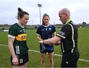 3 February 2025; Referee Barry Redmond with Anna Galvin of Kerry and Emma Murray of Waterford for the coin toss before the 2025 Lidl Ladies National Football League Division 1 match between Waterford and Kerry at SETU Waterford in Carriganore, Waterford. Photo by Piaras Ó Mídheach/Sportsfile