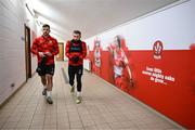 3 February 2025; Derry City's Patrick Hoban and Paul McMullan, right, make their way to the training pitch at their new training facility, the Owenbeg Derry GAA Centre, in Dungiven, Derry. Photo by Stephen McCarthy/Sportsfile