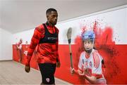 3 February 2025; Derry City's Sadou Diallo makes his way to the training pitch at their new training facility, the Owenbeg Derry GAA Centre, in Dungiven, Derry. Photo by Stephen McCarthy/Sportsfile
