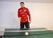 3 February 2025; Derry City's Ronan Boyce plays table tennis as players relax before a team meeting at their new training facility, the Owenbeg Derry GAA Centre, in Dungiven, Derry. Photo by Stephen McCarthy/Sportsfile