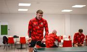 3 February 2025; Derry City's Sam Todd plays table tennis as players relax before a team meeting at their new training facility, the Owenbeg Derry GAA Centre, in Dungiven, Derry. Photo by Stephen McCarthy/Sportsfile