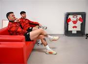 3 February 2025; Derry City's Ben Doherty, left, and Adam O'Reilly wait for their team meeting at their new training facility, the Owenbeg Derry GAA Centre, in Dungiven, Derry. Photo by Stephen McCarthy/Sportsfile