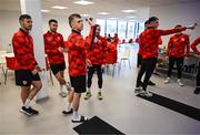 3 February 2025; Derry City's Ciaron Harkin and team-mates play darts as players relax before a team meeting at their new training facility, the Owenbeg Derry GAA Centre, in Dungiven, Derry. Photo by Stephen McCarthy/Sportsfile