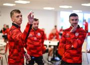 3 February 2025; Derry City's Ciaron Harkin plays darts as players relax before a team meeting at their new training facility, the Owenbeg Derry GAA Centre, in Dungiven, Derry. Photo by Stephen McCarthy/Sportsfile