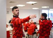 3 February 2025; Derry City's Patrick Hoban plays darts as players relax before a team meeting at their new training facility, the Owenbeg Derry GAA Centre, in Dungiven, Derry. Photo by Stephen McCarthy/Sportsfile