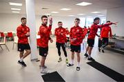 3 February 2025; Derry City's Michael Duffy and team-mates plays darts as players relax before a team meeting at their new training facility, the Owenbeg Derry GAA Centre, in Dungiven, Derry. Photo by Stephen McCarthy/Sportsfile
