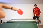 3 February 2025; Derry City's Ronan Boyce plays table tennis as players relax before a team meeting at their new training facility, the Owenbeg Derry GAA Centre, in Dungiven, Derry. Photo by Stephen McCarthy/Sportsfile