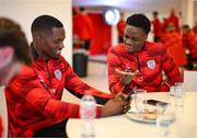 3 February 2025; Derry City's Duncan Idehen, right, and Sadou Dialloat their new training facility, the Owenbeg Derry GAA Centre, in Dungiven, Derry. Photo by Stephen McCarthy/Sportsfile